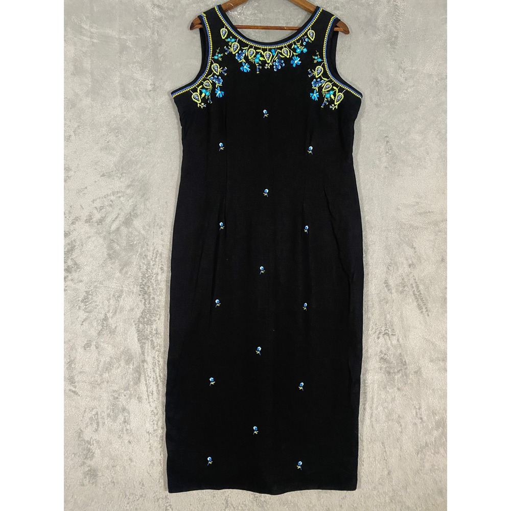 VTG Megan Lee Dress Sz 16 Black Floral Embroidered Linen Blend‎ Midi Boho Chic